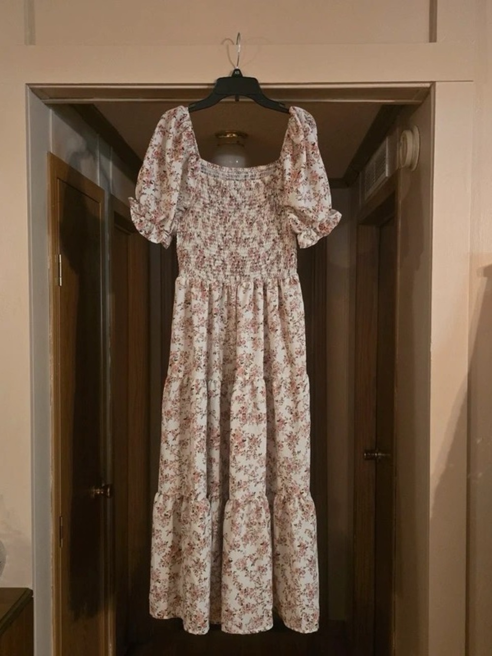 Smocked Floral Maxi Dress with Puff Sleeves in Cream and Dusty Rose